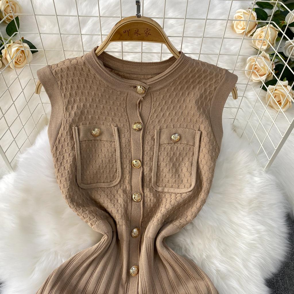 Summer Women O-neck Sleeveless Single Breasted Knitted Mid-calf Slim Tank Sweater Dresses