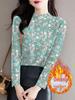 Ribbed Fleece Floral Long Sleeve Base Layer for Women - Stylish, Versatile, Slimming, Half-High Neck, Autumn/Winter Top