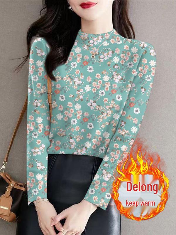 Ribbed Fleece Floral Long Sleeve Base Layer for Women - Stylish, Versatile, Slimming, Half-High Neck, Autumn/Winter Top