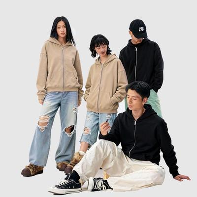 Unisex American Heavyweight Double Zipper Hoodie - 420g Solid Color Cardigan for Autumn/Winter.