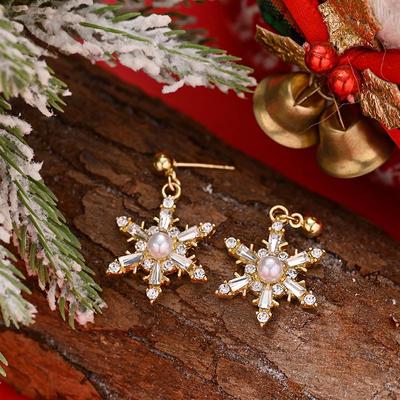 European & American Christmas Zircon Snowflake Imitation Pearl Tassel Earrings