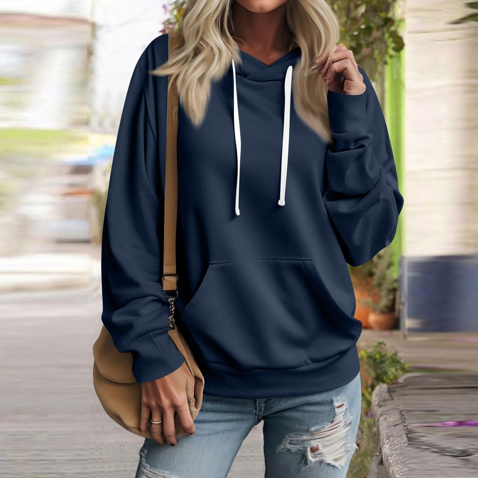 Женский осенне-зимний однотонный пуловер с капюшоном и шнурком, модная толстовка с длинными рукавами L тёмно-синий