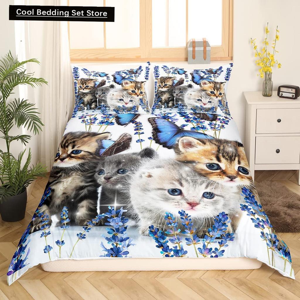 Cute Cat King Queen Duvet Cover Kitten Bedding Set Purple Floral Butterflies Polyester Quilt Cover Pet Animal Comforter Cover