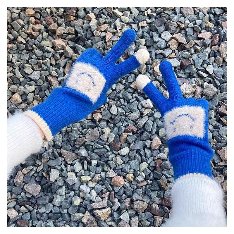 Korean Style Cute Smiling Face Knitted Wool Gloves for Women with Thick Fingers Solid Color Touch Screen Warm and Cold Proof Gloves