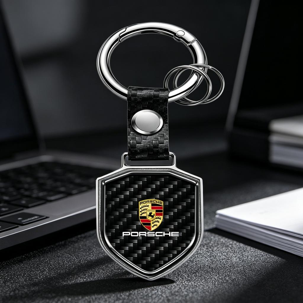 BMGB9 Carbon Fiber Matel Car Keychain Keyring Key Chain Pendant For Porsche Cayenne Panamera Macan Boxster Cayman 718 911 Sticker