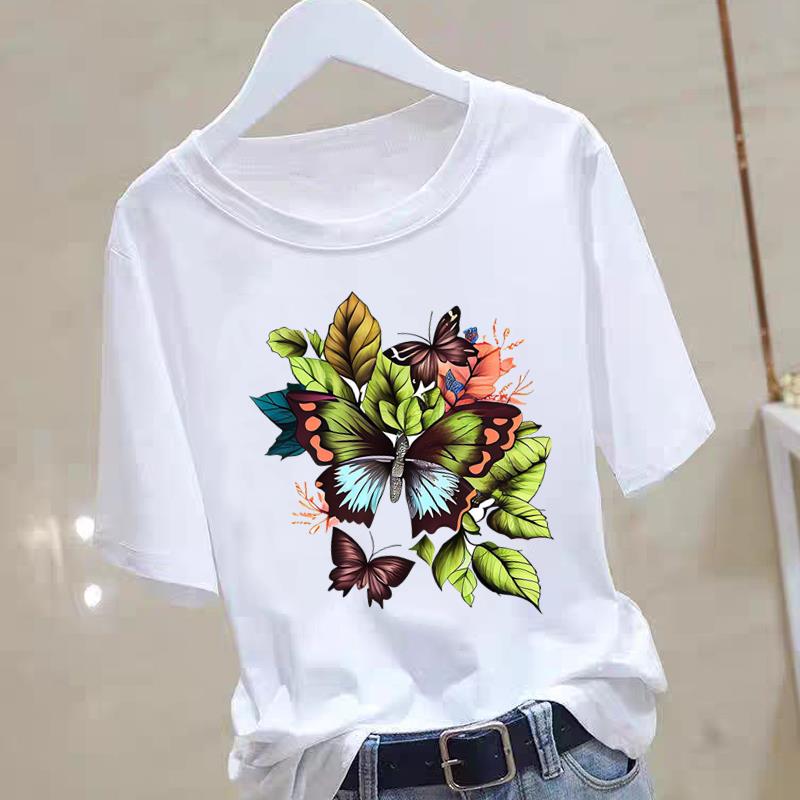 

Butterfly and Floral Base Layer Tshirt A Popular FeUnisex Commuter Instagram Summer Printed Shortsleeved Roundneck Tshirt S