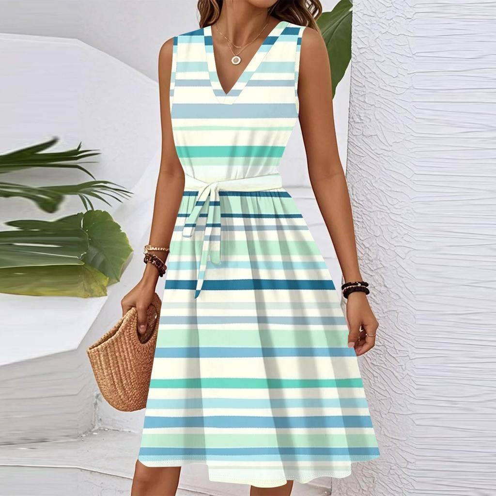 Women's Summer Fashion Loose V-Neck Sleeveless Lace-Up Striped Print Dress