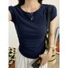 Navy Blue Shoulder Short Sleeved T-shirt for Women's Summer New Design, Pleated Waist Cinched Round Neck Slim Fit and Slimming Short Top