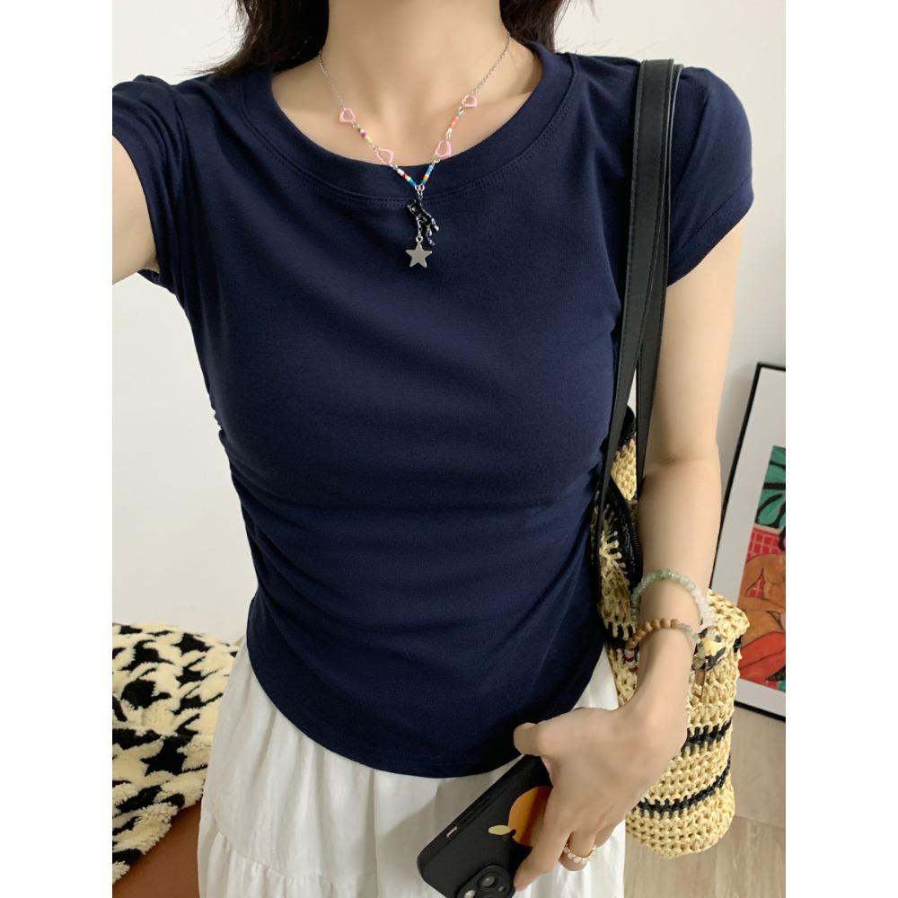 Navy Blue Shoulder Short Sleeved T-shirt for Women's Summer New Design, Pleated Waist Cinched Round Neck Slim Fit and Slimming Short Top