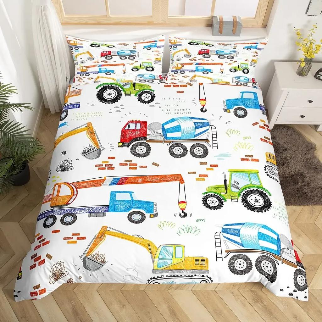Elegant Breathable Construction Vehicles Boys Excavator Yellow Tractor Truck for Teens Child Old Retro Car Theme Room Decor Quilt
