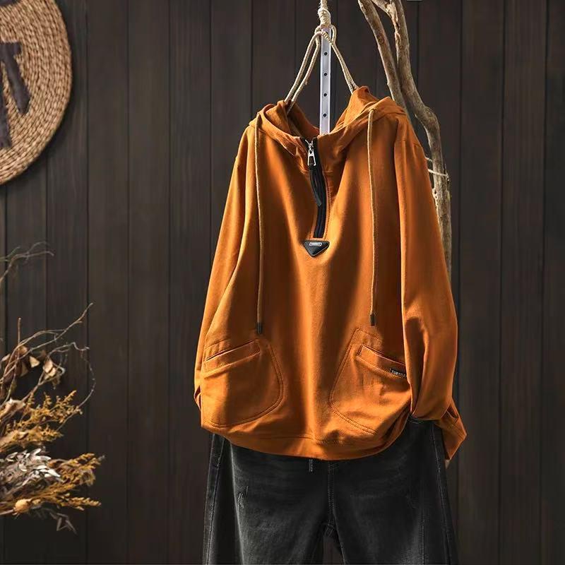 Women's Hooded Half-Zip Hoodie: Large Pockets, Subtle Logo, Stylish Loose-Fit, Casual Long-Sleeve Top