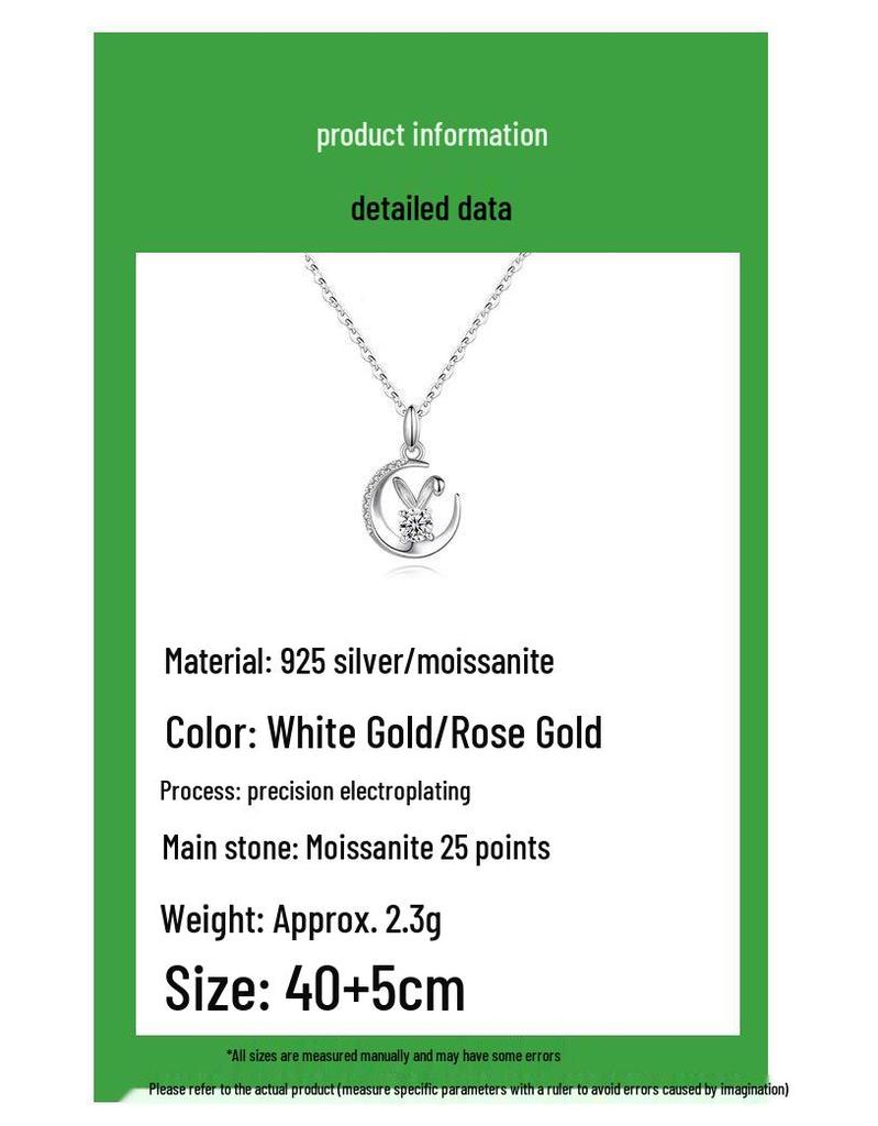 S925 Sterling Silver Moissanite Moonlight Jade Rabbit Necklace - Sweet Clavicle Chain Qixi Gift for Women