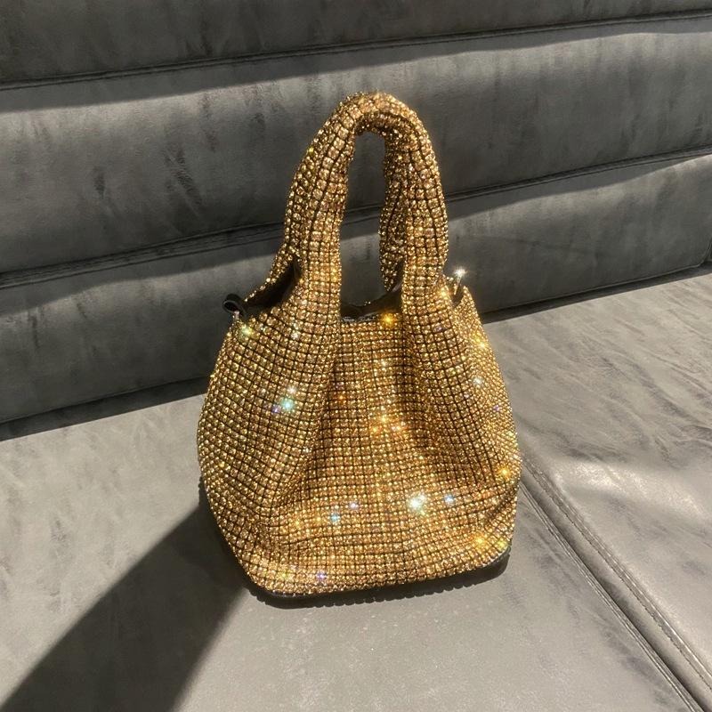 Fashion Rhinestone Small Bucket Bag for Women Sling Shoulder Crossbody Bag with Diagonal Chain Stylish Ladies Handbag