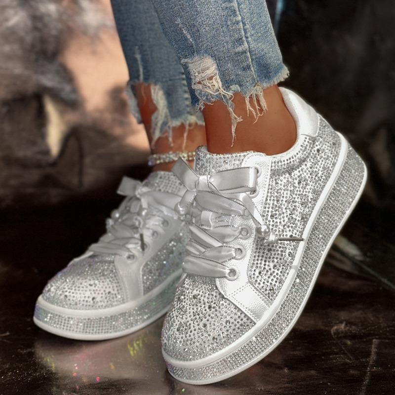 Women's Fully Rhinestone Sneakers, Crystal Embellished Platform Flats, European Fashion Athletic Shoes for Women