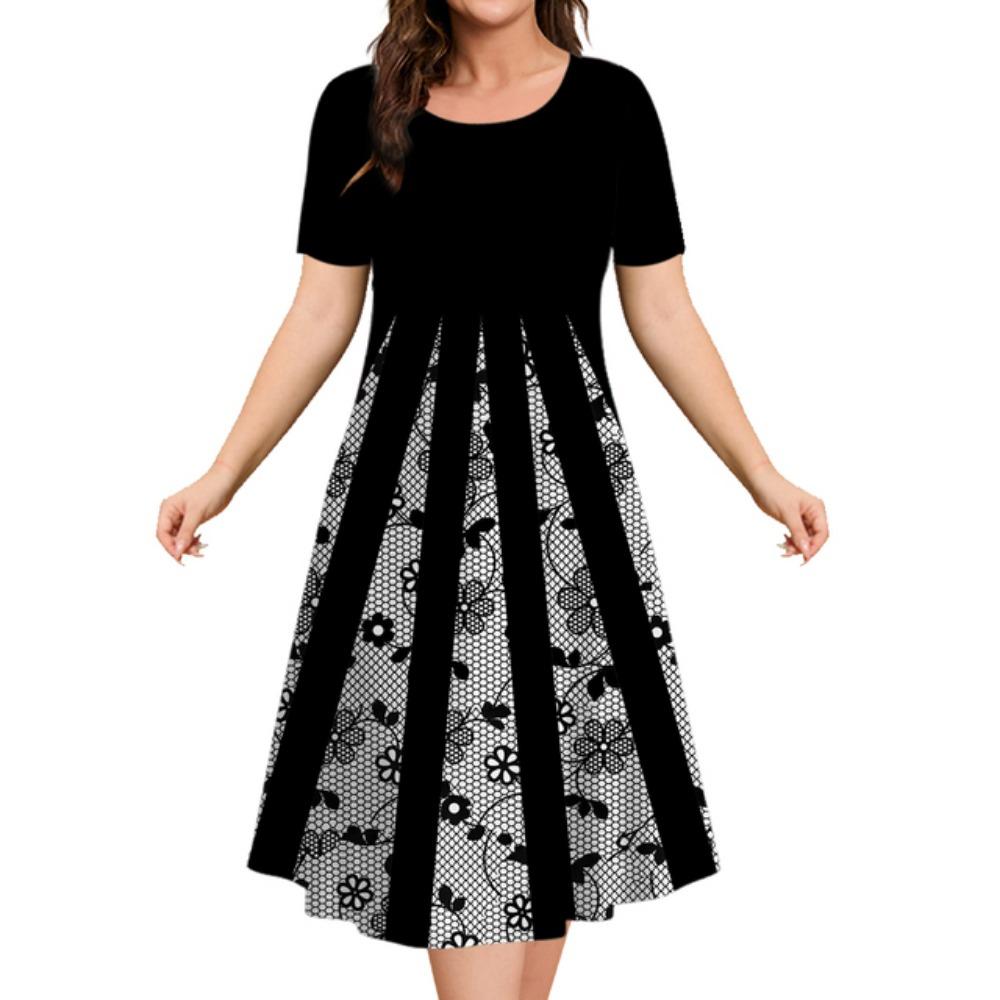 

2025 Летние платья для женщин Лоскутный принт Короткий рукав Женская одежда Свободная юбка А-силуэта Элегантные и красивые женские платья 4XL