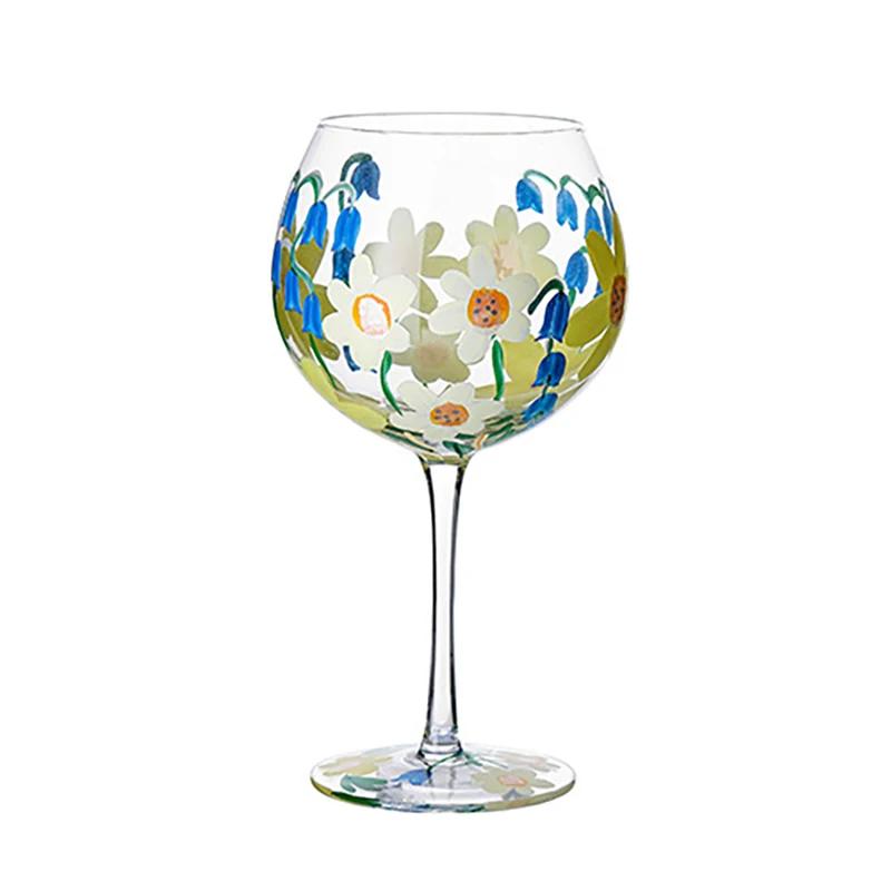 

Nordic Colored Glass Wine Glasses Creative Hand-Painted Flowers Wine Glass Household Painted Goblet Crystal Champagne Drinkware 560ml