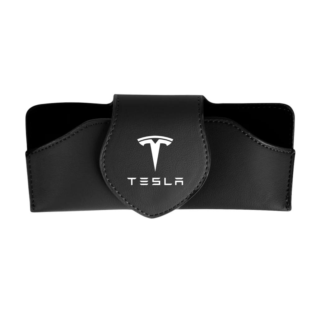 Car Sticker Tesla 1/2Pcs Car Glasses Clip Sun Visor Sunglasses Leather Storage Case For Tesla Model 3 Y S X Roadster Cybertruck