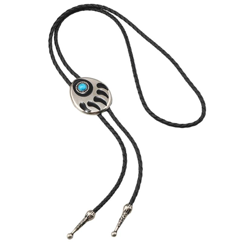 Bear Claw Stone Bolo Tie Western Cowboy Adjustable PU Leather Jewelry Necklace