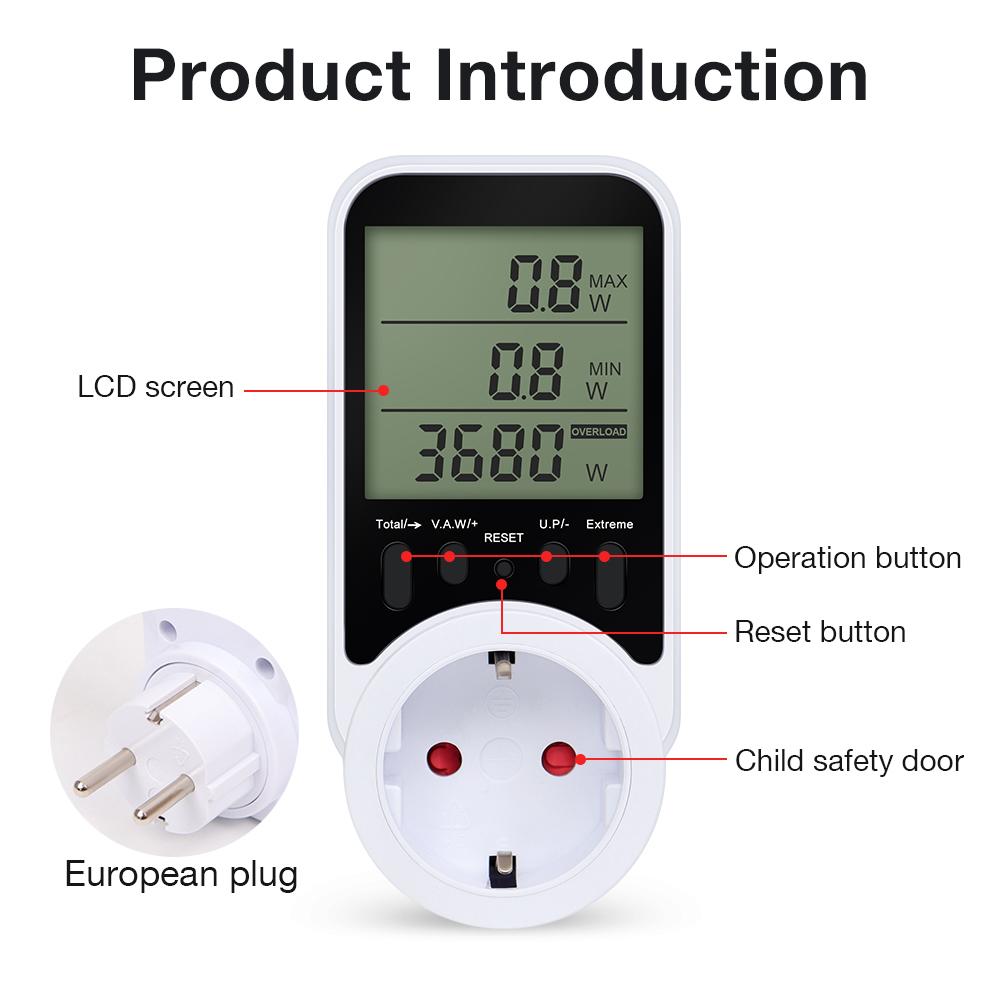 AC Power Meter Socket Electric Energy Monitor LCD Display Electricity Billing Plug KWH Voltage Current Tester Overload Protector