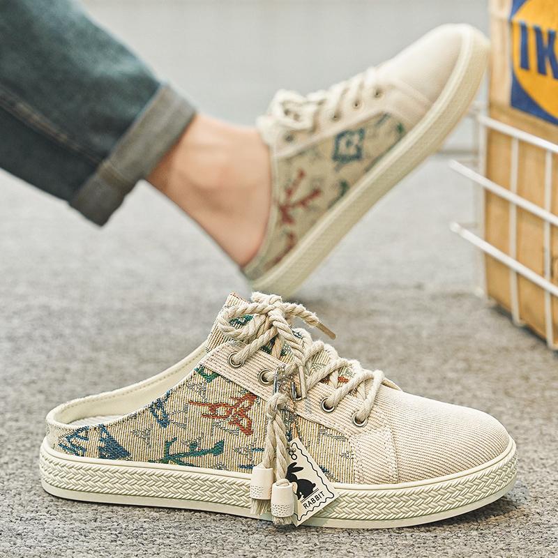 Canvas Semi-Drag Casual Shoes Men Half Shoes For Men Mules Backless Sandals Flat Board Shoes Summer Loafers Slipper Man Slides