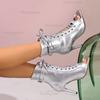 Modne Srebrne Skórzane Letnie Botki na Wysokim Obcasie Sznurowane Peep Toe Damskie Eleganckie Botki Szpilki Rozmiar 35-43 Botines Para Mujeres