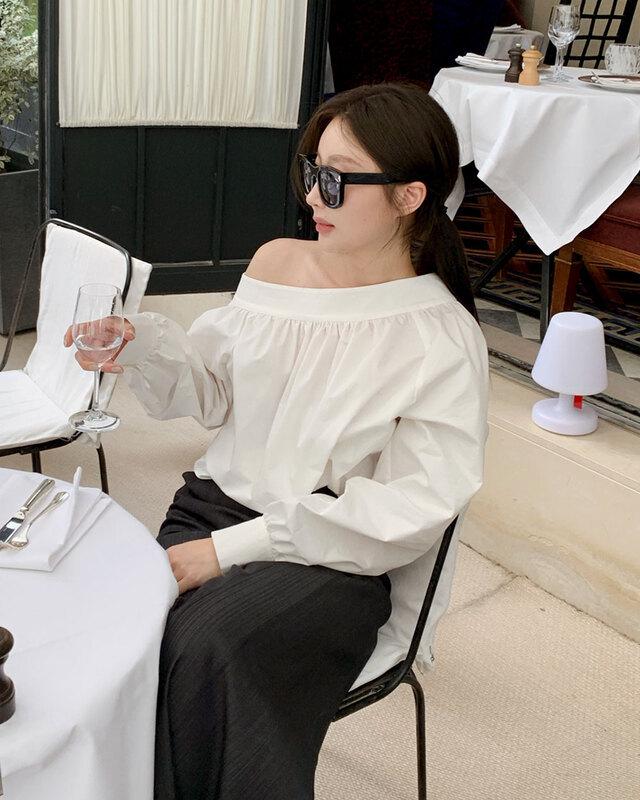 Korean Chic 2026 Spring/Autumn Off-Shoulder Puff Sleeve Shirt for Women