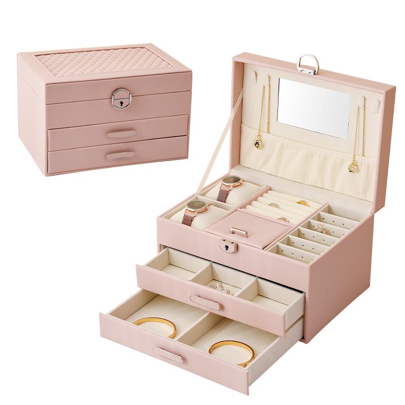 1PC, Light Luxury High-end PU Leather Diamond Three-layer Leather Jewelry Storage Box with Lock