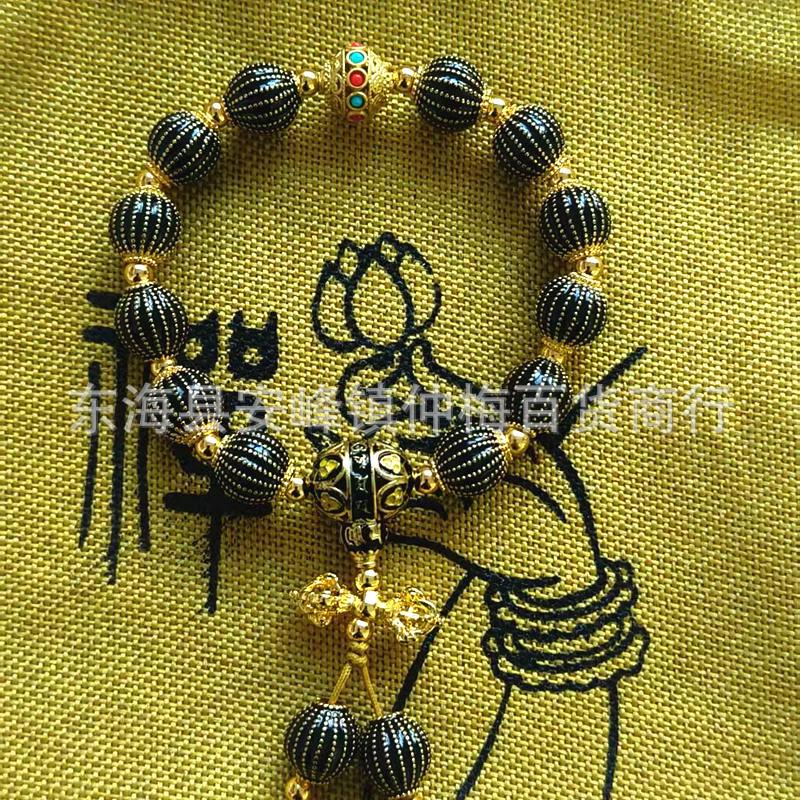Black Cloisonné Lantern Beads Vajra Ruyi Bracelet with Incense Ash Glazing