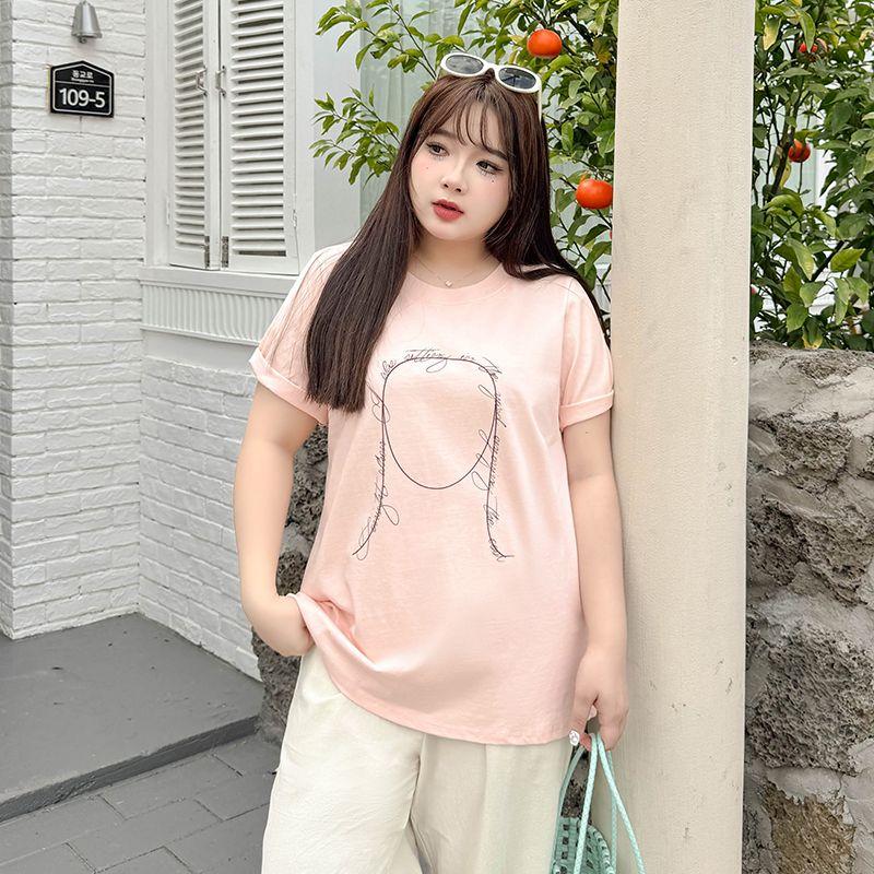 

Plus size women clothing [Fun Sweet T] Chubby Girl round Neck Casual Short sleeve T-shirt Summer English Print Slimming Top Foam powder 5XL