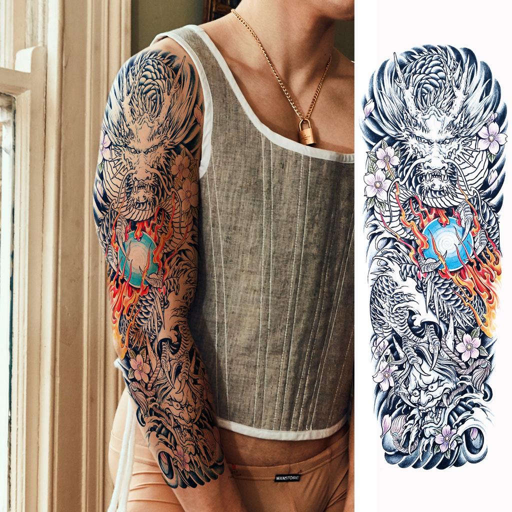 1 Sheet Long Sleeve Temporary Tattoos For Men Women Flower Skull Lion Wolf Tiger Nun Fox Compass Tattoo Sticker Body Art Arm Leg