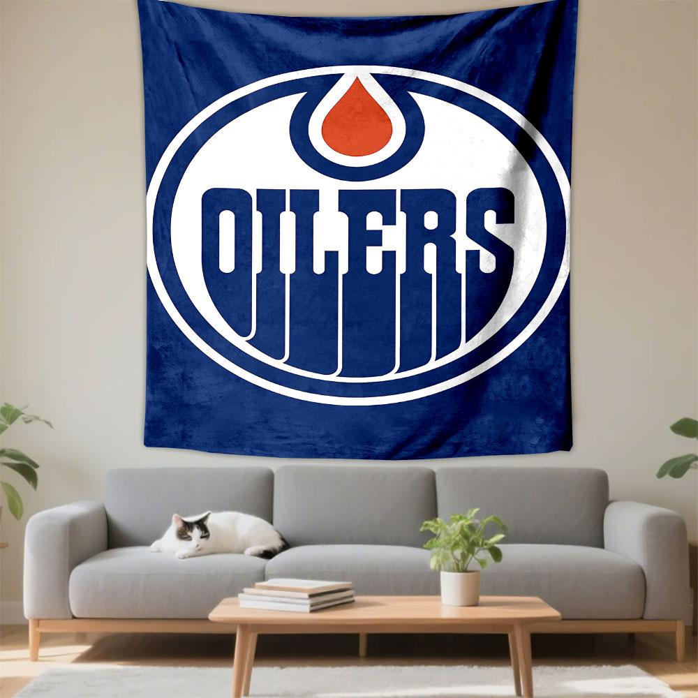 Edmonton Oilers Logo Tapestry Wall Hanging, NHL Hockey Team Art, Sports Wall Decor for Bedroom Living Room Man Cave