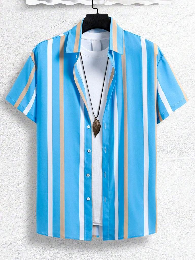 Colorful Striped Pattern Print Men Shirts Design Short Sleeve Shirts Fashion Button Short Sleeve Tops