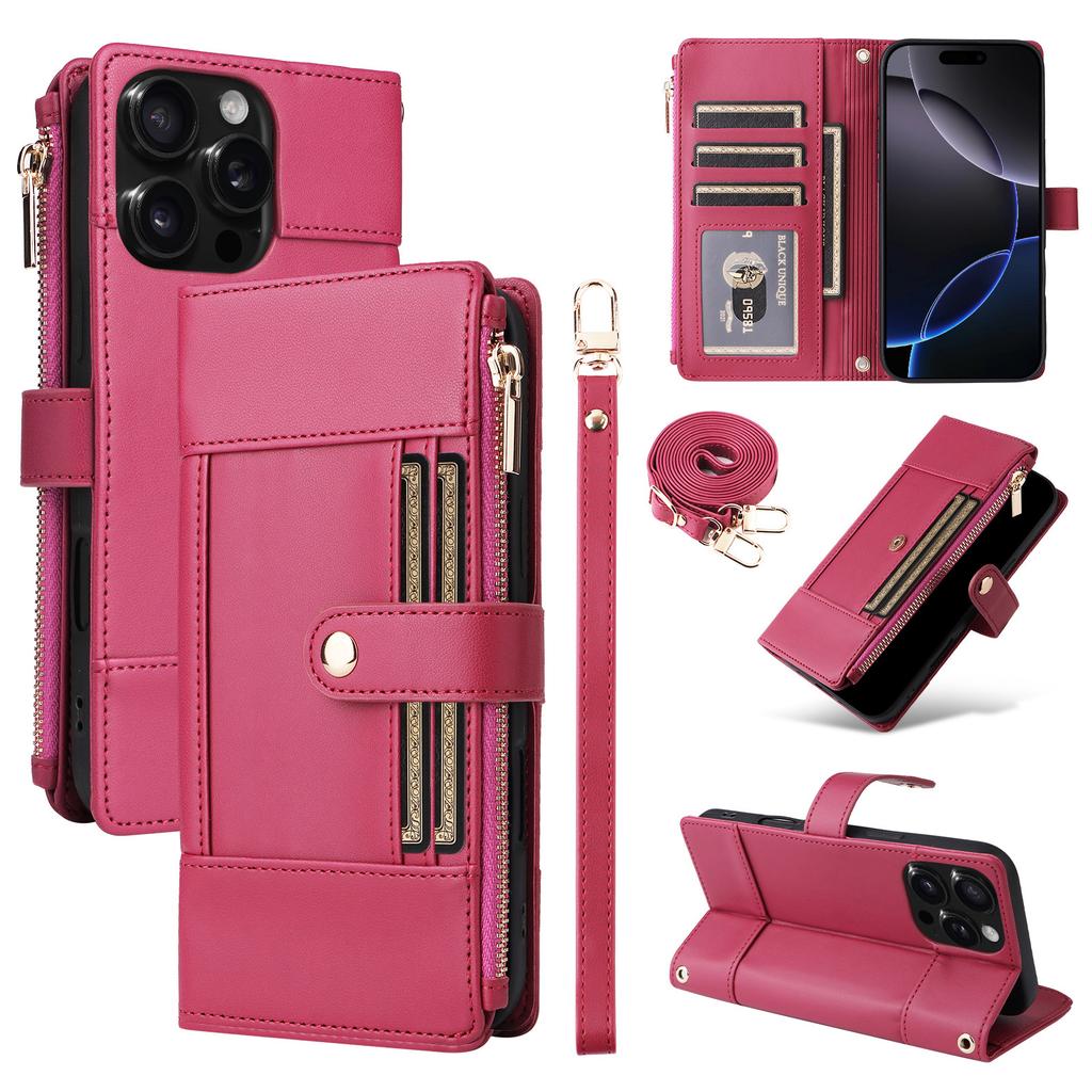 Shoulder Strap Zip Leather Wallet Card Solt Case for iPhone 16 Pro Max 16E 15 Plus 14 13 12 11 Lanyard Flip Purse Holder Cover