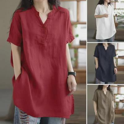 2024 Women's Fashion: European & American Solid Color Buttoned Tops - Short Sleeves