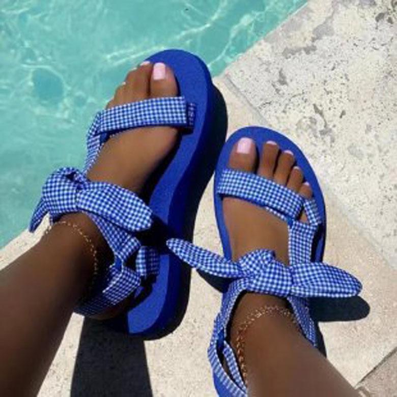 2025 Summer Large Size Beach Shoes Female Velcro Bow Round Head Flat Bottom Leopard Print Sandals Female Elegant Generous Shoes