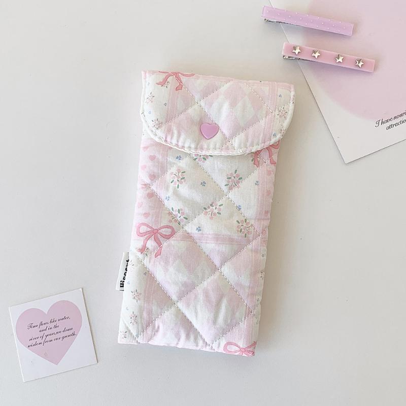1Pcs Fashion Floral Bow Snap Pen Bag Student Stationery Girl Portable Glasses Storage Bag Large Capacity Travel Makeup Bag Gifts