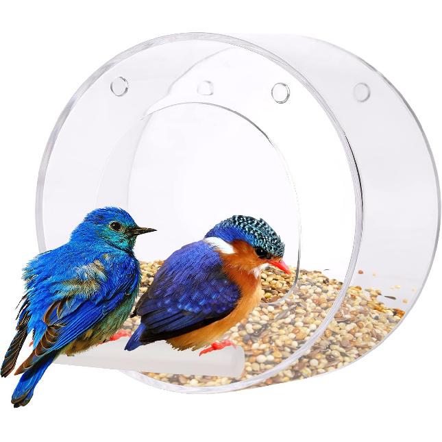 Clear Window Bird Feeder with Suction Cup Ing Chain and Standing Pole Transparent Round Outside Birdhouse for Close Up View Outdoors Wild Birds