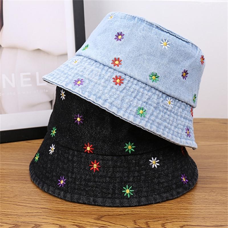 Stylish Jeans Flower Pattern Bucket Hat Extended Edge Shade Guard Unisex Warm Season Shore Hat for Various Occasion