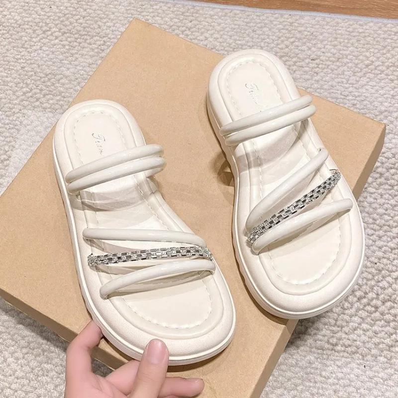 Women's Summer 2024 New Style Soft Sole Pearl Slippers Two-way Wearable Thick Bottom Sandals Windbreaker Slippers