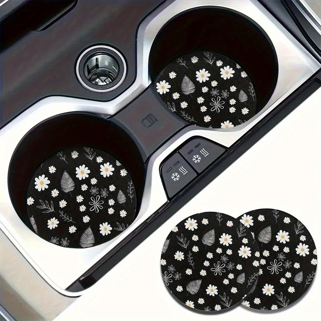 Set of 2 Daisy And Leaf Patterned Car Coasters - Interior Additions Specifically for Vehicles, Suitable for Both Cars And Home Tabletops