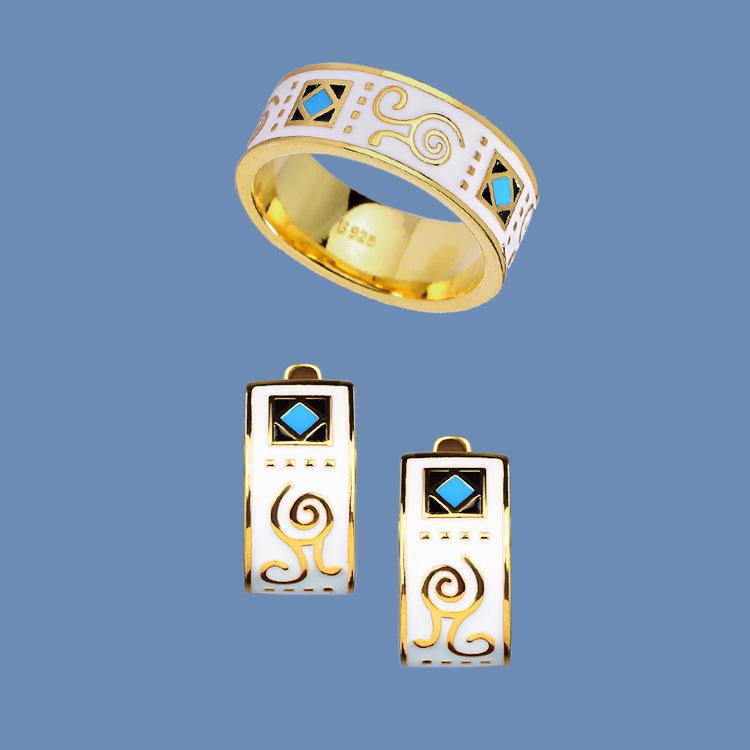Mode Damen Ring Ohrringe Emaille Retro Literarisch Exotismus W5245WW- beige