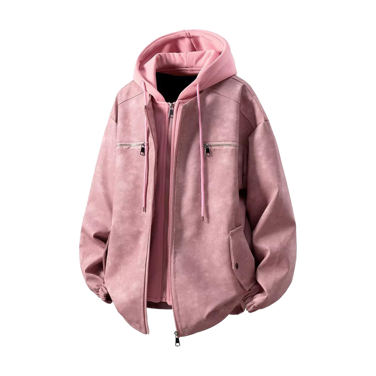 

Мужская однотонная куртка с капюшоном из ПУ кожи, двухпредметная, винтажная, с потертостями, с металлической отделкой XXL розовый