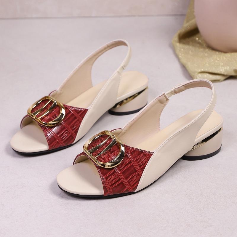 New cool slippers wear soft leather fish mouth sandals women's medium heel thick heel single shoes large size