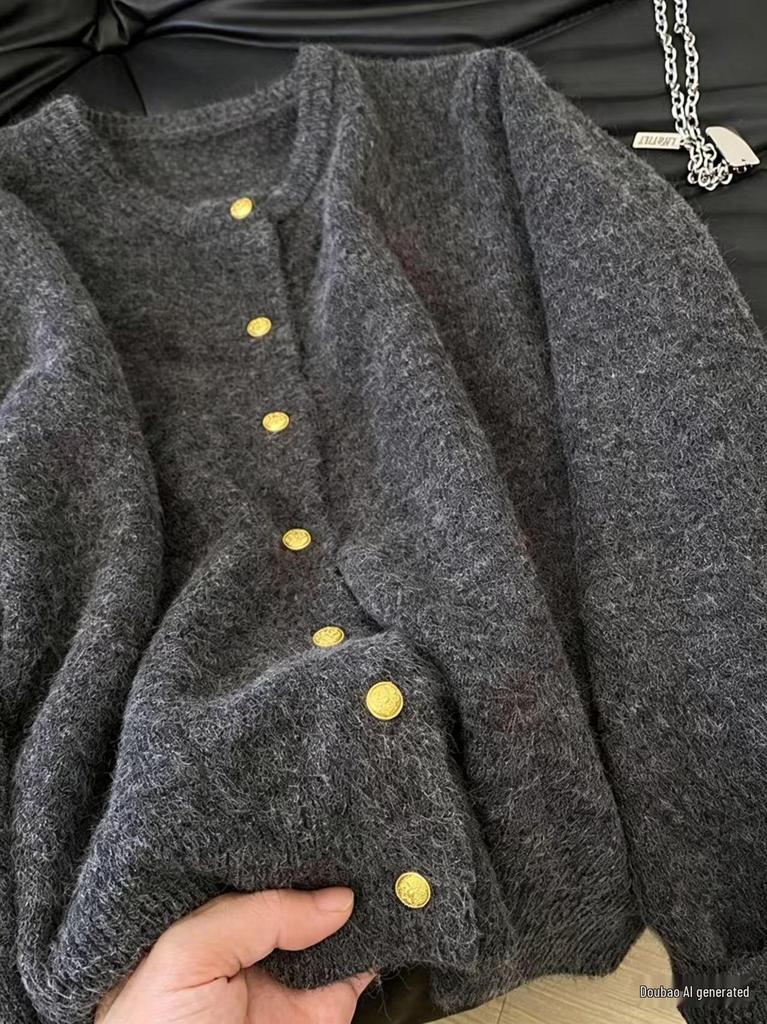Women's Retro Gold Buckle Round Neck Knit Cardigan - Autumn/Winter 2026 Collection, Loose Casual Fit Sweater.