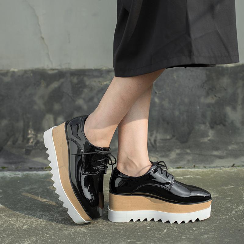 British Platform Muffin Women's New Lace-up Square Head Patent Leather Deep Mouth Single Shoes High Heels Wedges HZB