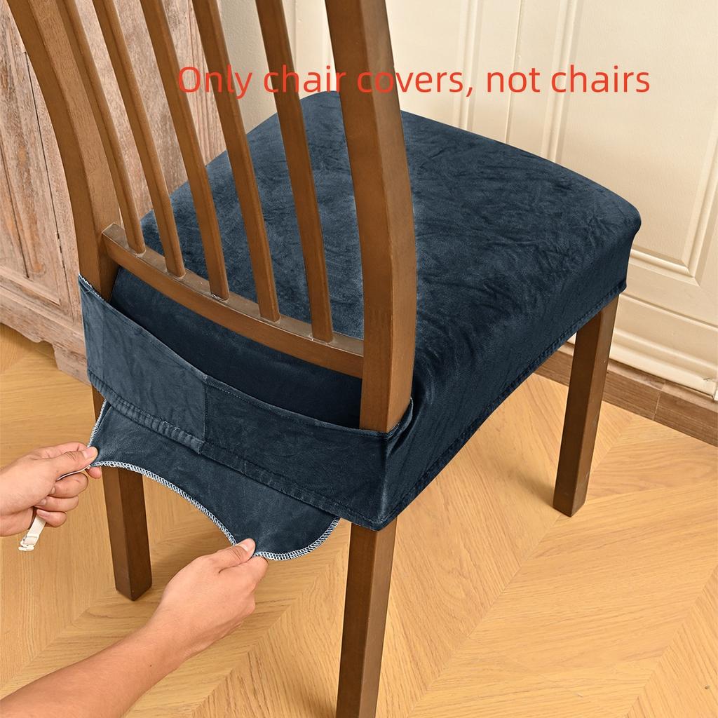 1PC Velvet Stretch Dining Chair Seat Covers Super Soft Seat Cushion Covers Protector Non-slip with Fixed Strap Slipcovers