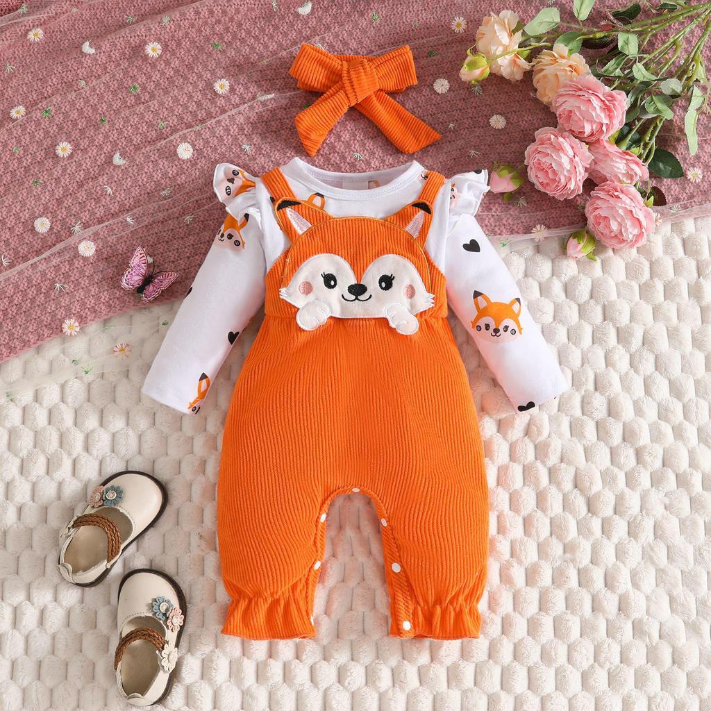 2025 Autumn/Winter Baby & Toddler Fox Heart Print Long Sleeve Footed Romper with Faux Straps & Headband