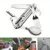 A set of 6-in-1 multi-functional folding outdoor tableware, camping portable meals, knives, forks, spoons, bottles, outdoor camping cookware