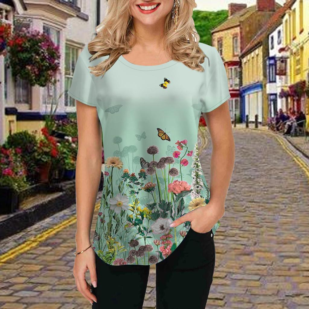 Fashion Women Red Big Flower Print T Shirt Funny Casual O-neck Short Sleeves T-shirt Summer Female Tee Shirt