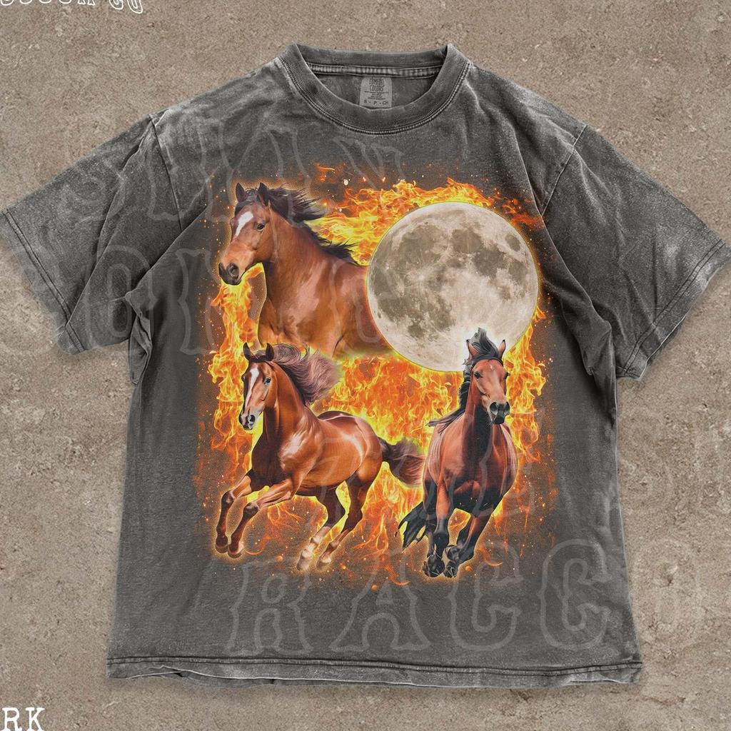 Y2K Wild Horse T-Shirt | Fire Stallion Graphic Tee | Moonlit Grunge Tee | Spirit Animal Moon Shirt | Western Horse Lover Gift